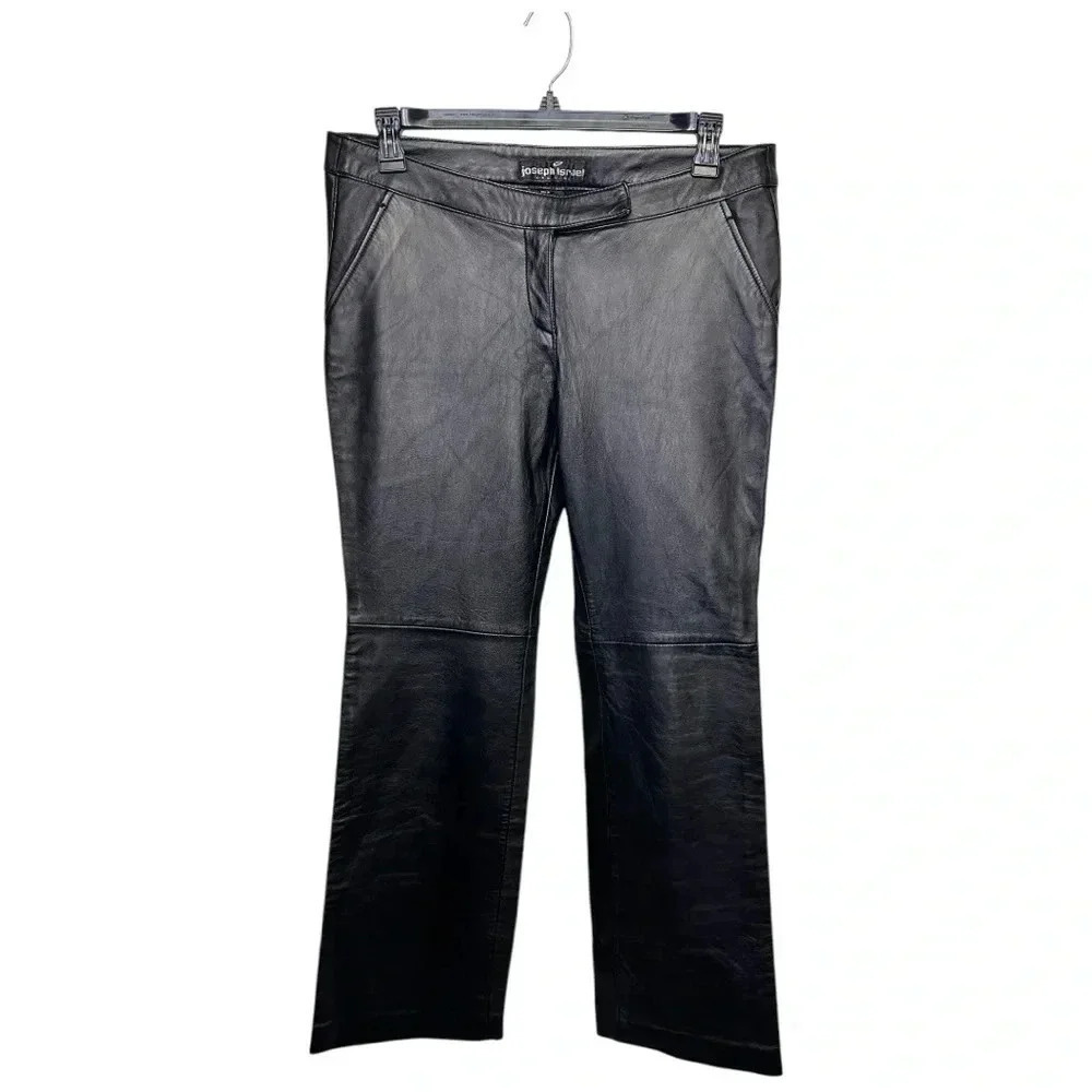 Joseph Israel NY 100% Stretch Lamb Leather Low Rise Flare Moto Pants, size 12